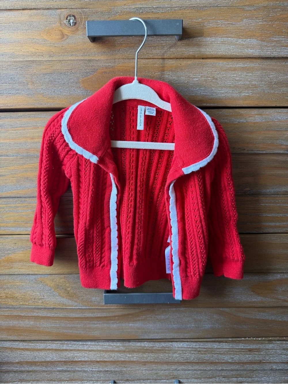 Janie and Jack Red Knit Open-Front Cardigan with White Trim Baby Girl